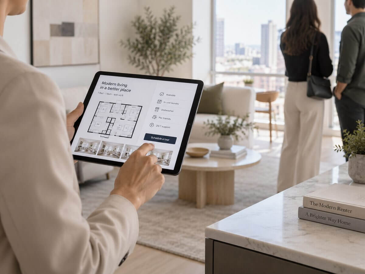 タブレットを使って、顧客に家具付きアパートの物件情報を紹介する不動産仲介業者